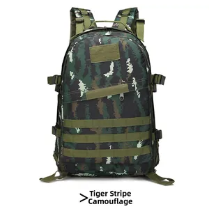Detailed front view of Tiger Stripe Camouflage tactical backpack with Molle webbing system