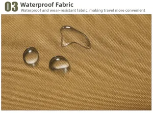 Detail showing the brown high-density waterproof fabric with water droplets on the surface