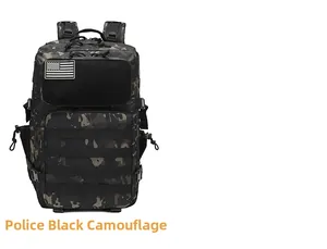 Vista frontale dello zaino tattico 45L mimetico nero con sistema MOLLE e patch