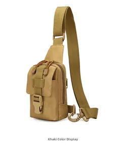 Detailed view of khaki tactical chest bag showing durable nylon material and buckle