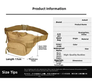 Tactical waist bag detail showing dimensions 17x15x19cm and waterproof 800D oxford fabric