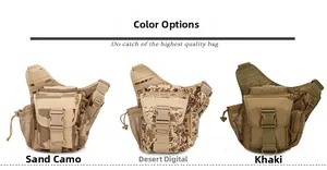 Tactical sling bags in three colors: desert camo, sand camo, and khaki nylon canvas