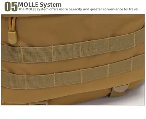 Detail view of reinforced MOLLE webbing system on a coyote brown tactical backpack
