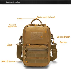 Detail of waterproof nylon tactical bag with MOLLE system and Velcro area in coyote brown