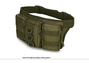 Detailweergave van militaire groene tactische heuptas met MOLLE-systeem en gespen
