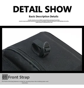 Detail of tactical fishing bag front straps for securing hiking poles or umbrellas