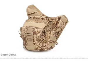 Detailed view of desert digital camouflage tactical crossbody bag with MOLLE webbing