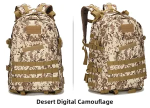 Macro detail of the desert digital camo tactical backpack with its MOLLE mounting system