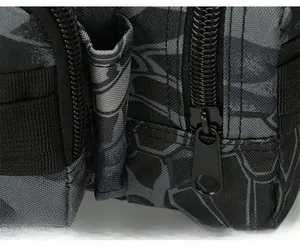 Macro detail of honeycomb camo fabric and durable metal zipper on tactical gear bag
