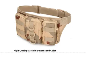Detailweergave van tactische camouflage heuptas met drie ritszakken en MOLLE-systeem