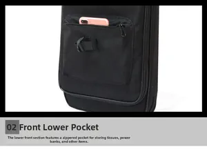 Detail view of the durable black tactical bag with zippered front pocket and plastic buckle strap