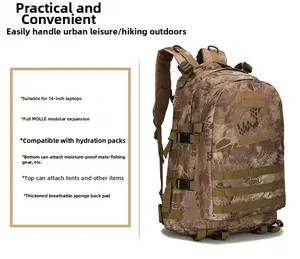 Detailed view of tactical backpack featuring MOLLE expansion and breathable back padding