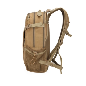 Khaki tactical Oxford cloth backpack with multi-layer zipper compartments and side mesh pocket