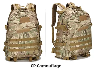 Detail view of CP camouflage tactical backpack with MOLLE system and padded back straps