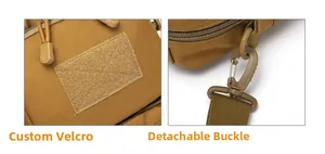 Detail of khaki tactical bag featuring velcro patch area and detachable buckle strap