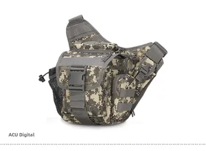 Detail view of tactical shoulder bag with ACU digital camouflage and MOLLE system