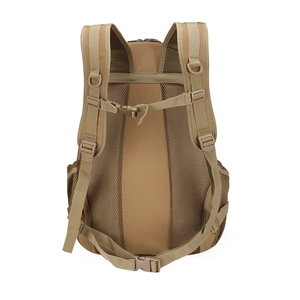 Tactical hiking backpack with breathable back padding and ergonomic straps in khaki color