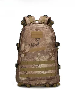 Detailed front view of tactical camo backpack showing MOLLE webbing and velcro area