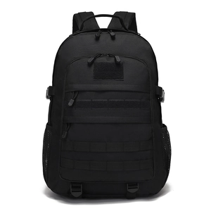 All-black tactical outdoor hiking backpack with MOLLE system and durable mesh side pocket