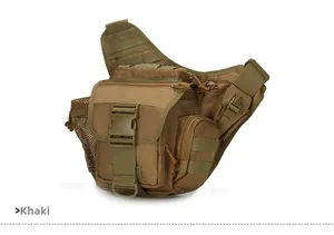 Detail of khaki tactical shoulder bag featuring MOLLE system and durable nylon fabric