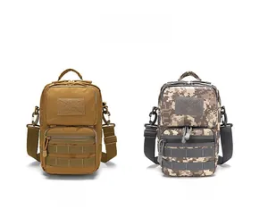 Detail view of Tan and ACU camouflage tactical shoulder bags with MOLLE webbing system