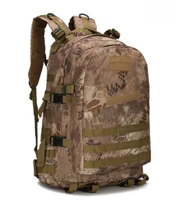 Tactical hiking backpack side view showing MOLLE webbing and desert camo pattern