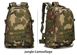 Front and side view of tactical backpack in woodland camouflage with MOLLE system details