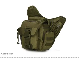 Detail of army green tactical shoulder bag featuring MOLLE webbing and durable buckles