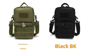 Detail view of tactical shoulder bags in OD green and black with MOLLE system webbing