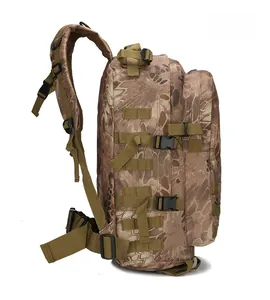 Side view of tactical hiking backpack with python camo print and MOLLE webbing system