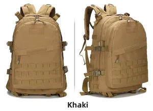 Close-up of khaki tactical backpack featuring heavy-duty MOLLE webbing and side buckles