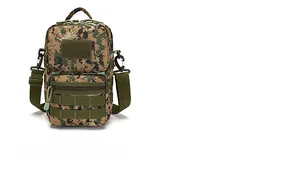 Tactical shoulder bag detail featuring digital jungle camouflage and MOLLE system