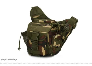 Macro detail of jungle camo tactical bag showing durable nylon and Molle system