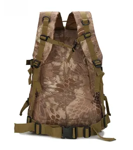 Detail view of tactical hiking backpack with padded straps and camouflage back system