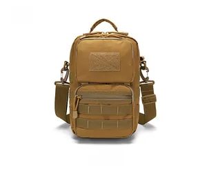 Tactical tan shoulder bag featuring MOLLE system and adjustable padded strap detail