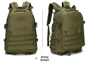 Detail view of army green tactical backpack with MOLLE system and adjustable buckles