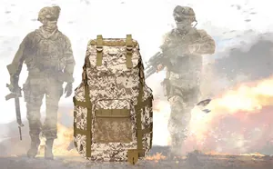 Detailed view of digital desert camo tactical backpack with modular webbing straps
