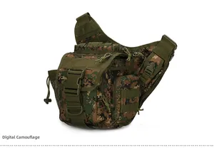 Close-up of tactical cross-body bag in digital jungle camouflage with water bottle pocket