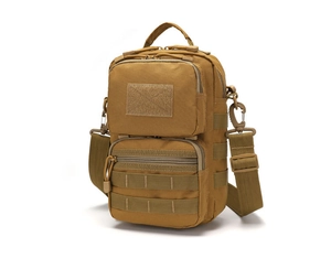 Front view of coyote brown tactical crossbody bag with MOLLE webbing and velcro area