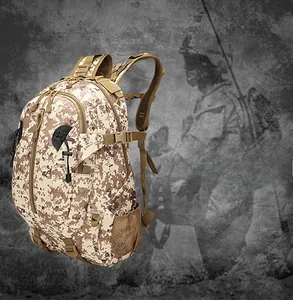 Detail of desert digital camo tactical backpack with durable oxford cloth and straps