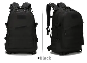 Detail view of black tactical backpack featuring Molle system and side adjustment straps