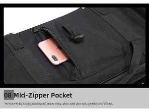 Detail of tactical bag zipper pocket showing storage space with a smartphone