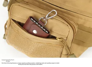 Detailed front view of high-density tactical bag pocket with leather key holder