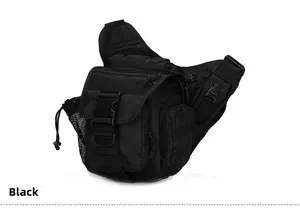 Detail of military tactical shoulder bag featuring MOLLE webbing system and durable nylon
