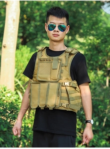 Front view of khaki tactical vest with multiple utility pockets and adjustable straps