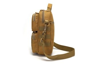 Detailed side view of khaki tactical crossbody bag with Molle system and durable fabric