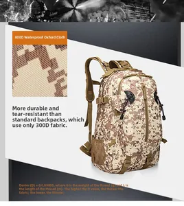 Detail of 800D waterproof oxford fabric and side mesh pocket on digital camo backpack