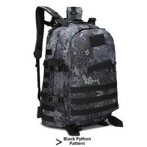 Tactical military backpack detail in black python camouflage with MOLLE webbing and buckles