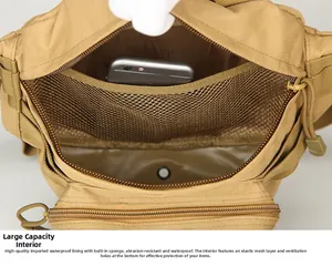 Tactical waist bag detail showing waterproof lining and internal mesh pocket storage