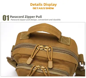 Detail of durable nylon tactical bag featuring a paracord zipper pull and top handle